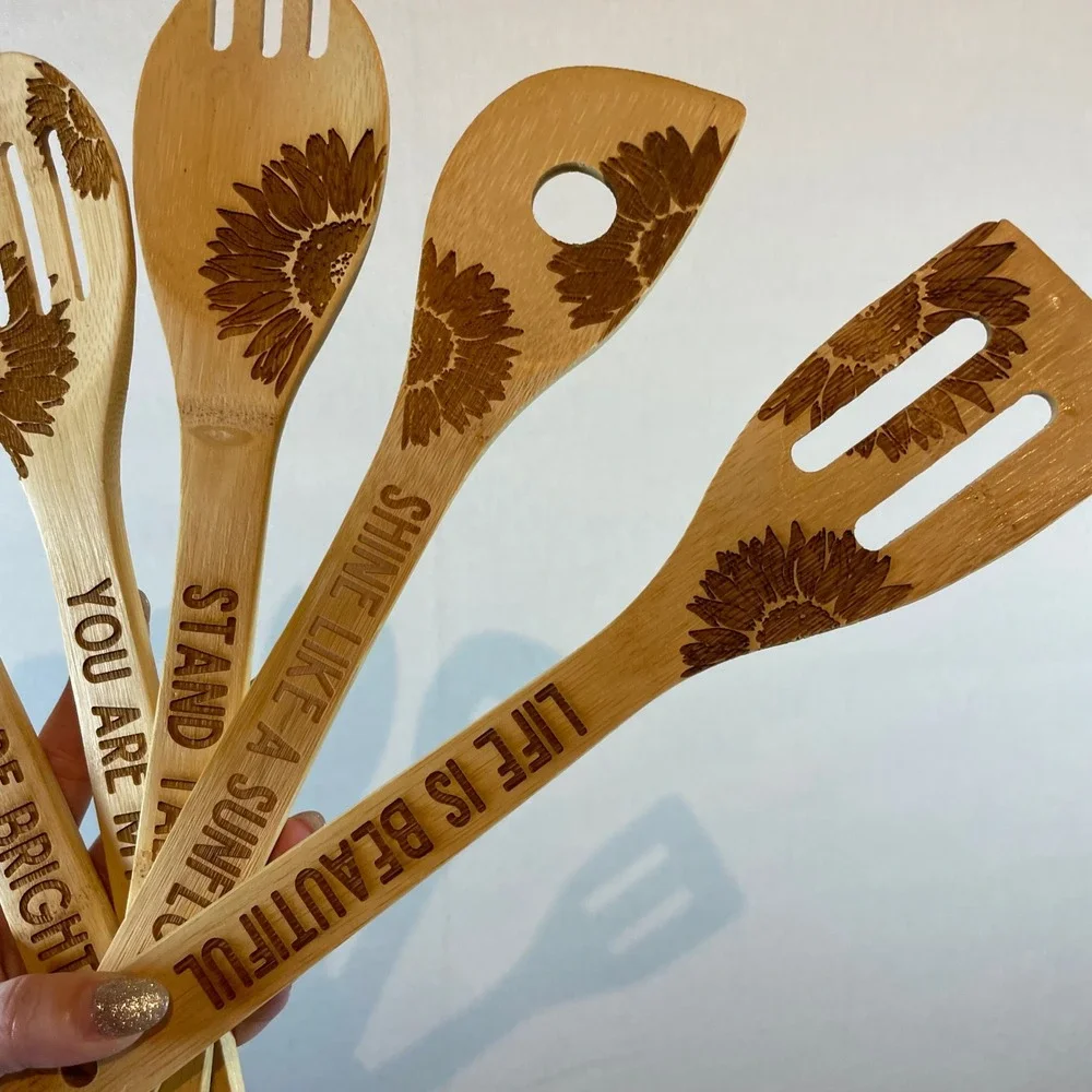 INNObeta Bamboo Cooking Spoon Set‎ 5pc Sunflower Engraved Gift Tube